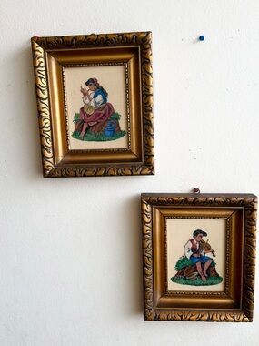 Pair of Small Vintage Gold Framed Cross-Stitch Pictures - Floral Folk Scenes